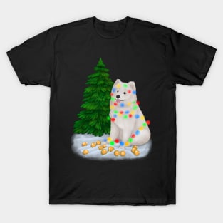 White fluffy Samoyed dog tangled in multicolored fairy lights T-Shirt